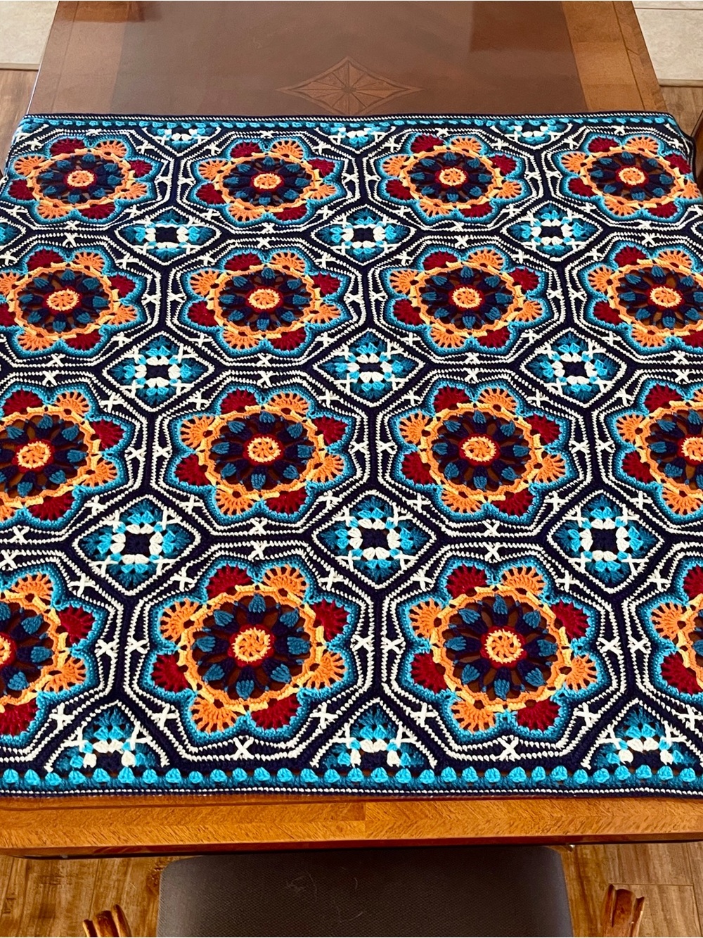 Handcrafted Blue & Orange Crochet Throw Blanket - Cozy Home Accent Persian tiles